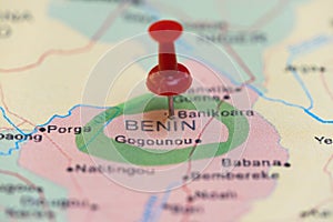 map with a pin in Benin, destination