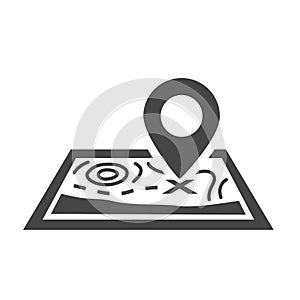 Map pin bold black silhouette icon isolated on white. Location pointer pictogram. Gps navigation.