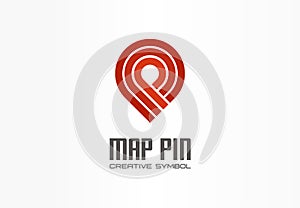 Map pin creative navigation symbol concept. Finish gps location marker abstract business transport logo. Travel