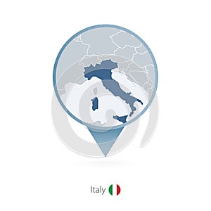 Map pin with detailed map of Italy and neighboring countries