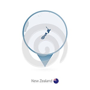 Map pin with detailed map of New Zealand and neighboring countries