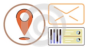 Map pin, envelope, and analytics dashboard for location, communication, and data visualization