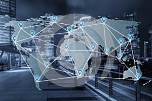 Map pin flat network above world map with network connection