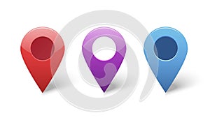 Map pin gps pointer markers for destination location vector icons set or position points violet blue red color tags