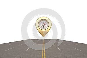 Map pin with highway isolated on white background. 3D illustration