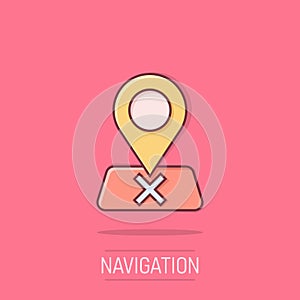 Map pin icon in comic style. GPS navigation cartoon vector illustration on isolated background. Locate position splash effect