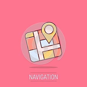 Map pin icon in comic style. GPS navigation cartoon vector illustration on isolated background. Locate position splash effect