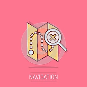 Map pin icon in comic style. GPS navigation cartoon vector illustration on isolated background. Locate position splash effect