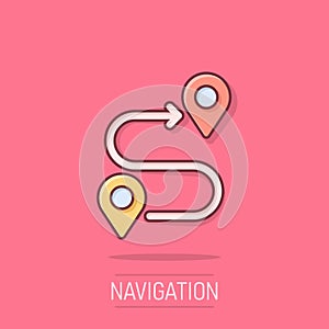 Map pin icon in comic style. GPS navigation cartoon vector illustration on isolated background. Locate position splash effect