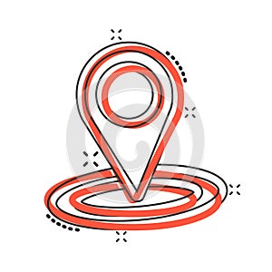 Map pin icon in comic style. Gps navigation cartoon vector illustration on white isolated background. Locate position splash