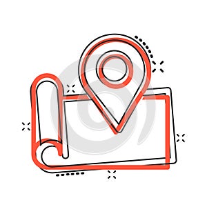 Map pin icon in comic style. GPS navigation cartoon vector illustration on white isolated background. Locate position splash
