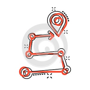 Map pin icon in comic style. GPS navigation cartoon vector illustration on white isolated background. Locate position splash