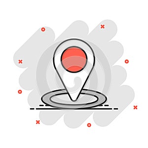 Map pin icon in comic style. Gps navigation cartoon vector illustration on white isolated background. Locate position splash