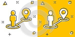 Map pin icon in comic style. Gps navigation cartoon vector illustration on white isolated background. Locate position splash