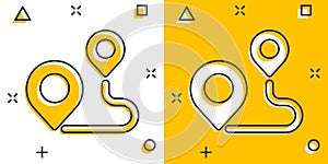 Map pin icon in comic style. GPS navigation cartoon vector illustration on white isolated background. Locate position splash