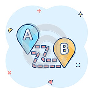 Map pin icon in comic style. Gps navigation cartoon vector illustration on white isolated background. Locate position splash