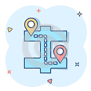 Map pin icon in comic style. GPS navigation cartoon vector illustration on white isolated background. Locate position splash