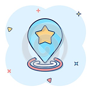 Map pin icon in comic style. GPS navigation cartoon vector illustration on white isolated background. Locate position splash