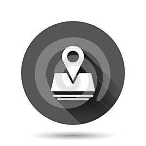 Map pin icon in flat style. gps navigation vector illustration on black round background with long shadow effect. Locate position