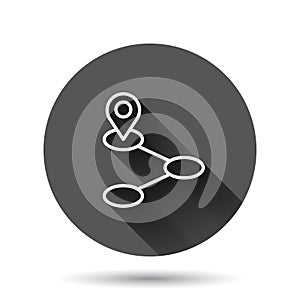 Map pin icon in flat style. GPS navigation vector illustration on black round background with long shadow effect. Locate position