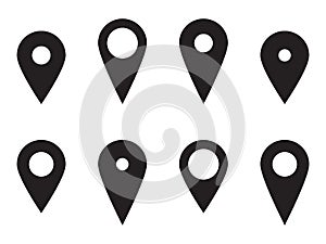 Map pin icon set, pointer symbol, location marker sign, black isolated on white background, vector illustration.