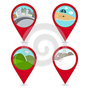 Map pin icons of lanscapes