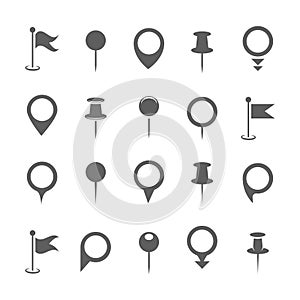 Map pin icons. Vector black place pointer or location marker signs on white background