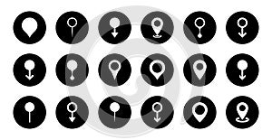 Map pin location icon vector in black circle. Pointer navigation sign symbol set collection