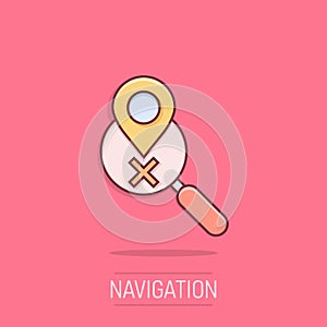 Map pin with magnifier icon in comic style. Gps navigation cartoon vector illustration on isolated background. Locate position