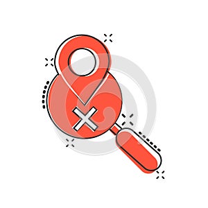 Map pin with magnifier icon in comic style. Gps navigation cartoon vector illustration on white isolated background. Locate