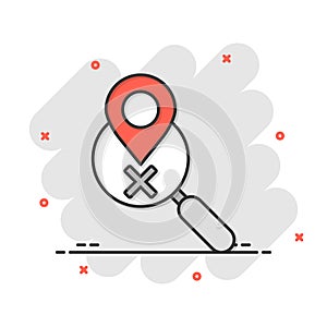 Map pin with magnifier icon in comic style. Gps navigation cartoon vector illustration on white isolated background. Locate