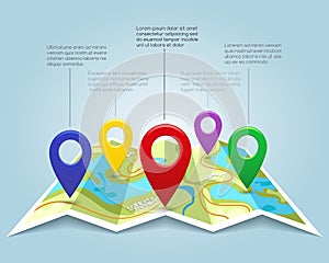 Map with pin markers vector illustration. Cartography location pointers photo