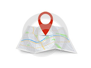 Map with pin. Red direction pointer on folded city map, gps navigation and travel location vector 3d icon photo