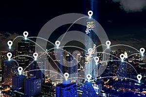 Map pin at smart city and wireless communication network, business district with office building, abstract image visual, internet