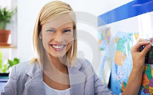 Map pin, travel agency portrait and happy woman working on vacation ideas, holiday location or planning world tour