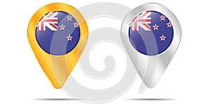 Map of pins with flag of New Zealand. On a white background