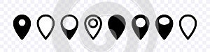 Map pins icons. Map location pin. Navigation marker on the map. Vector clipart isolated on white background.
