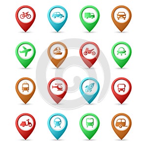 Map pins with Transport icons