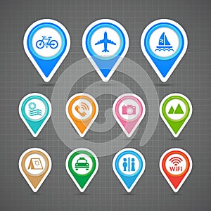 Map pins travel icons set