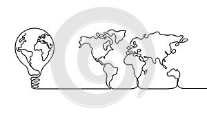 Map of planet Earth and light bulb as line drawing