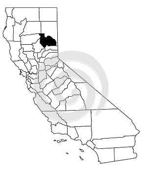 Map of plumas County in California state on white background. single County map highlighted by black colour on California map.