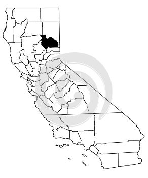 Map of plumas County in California state on white background. single County map highlighted by black colour on California map. photo