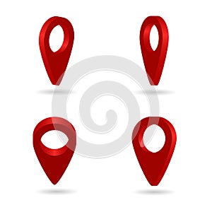 Map pointer 3D pin. Set of location symbols isolated on white background. Red symbols of navigator. Isometric icon 3D. Point on