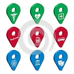 Map pointer 3d pin for Smart City. Set of 3D geolocation signs with icons.  Transport, medicine, recreation. Location symbols vect