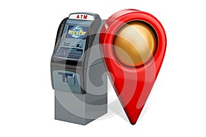 Map pointer with ATM machine. Cash machine location concept, 3D rendering