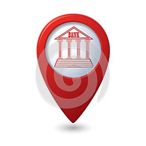 Map pointer with bank building icon