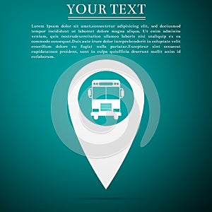 Map pointer with bus icon isolated on blue background