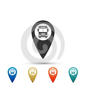 Map pointer with bus icon isolated on white background. Set elements in colored icons. Flat design. Vector