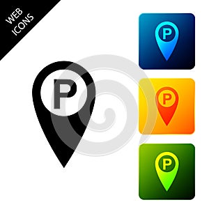 Map pointer with car parking icon isolated on white background. Set icons colorful square buttons