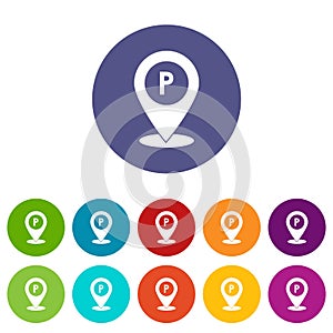 Map pointer with car parking sign set icons